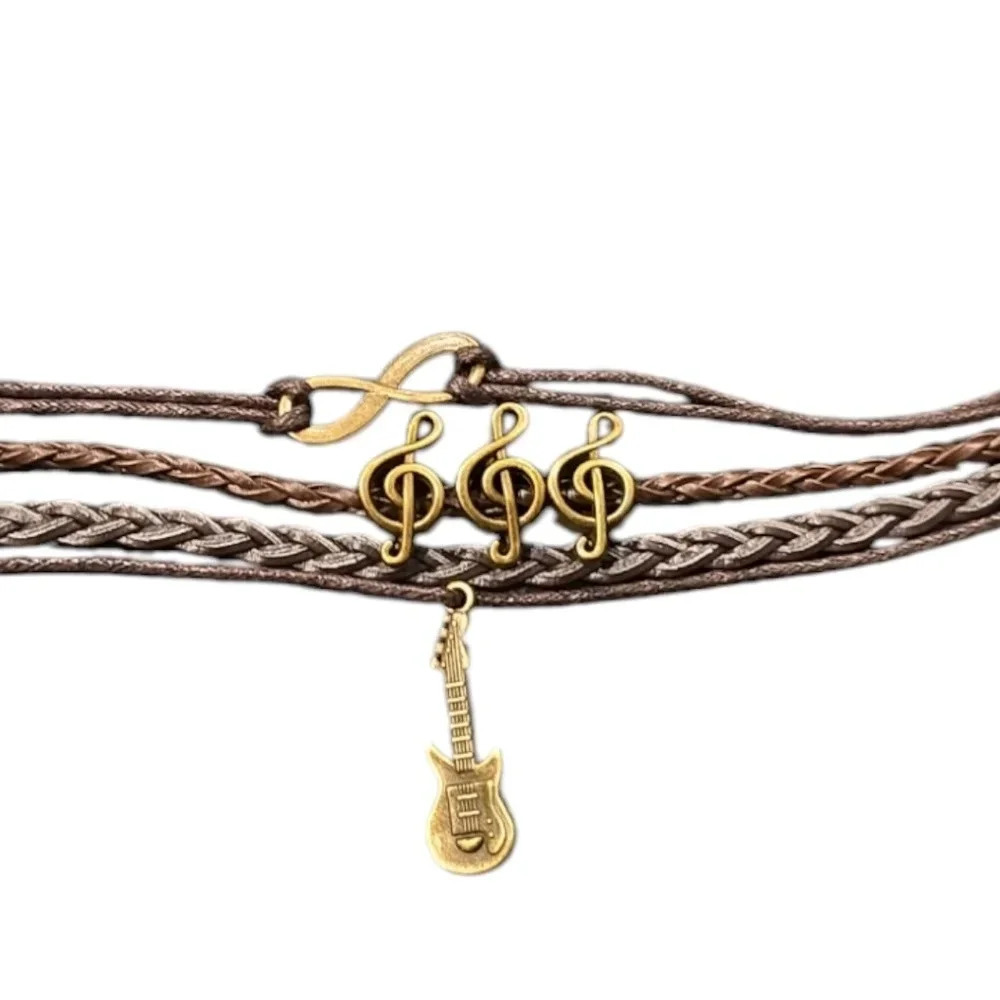 Electric Guitar Musical Notes Charm Faux Leather Multi-Layered Bracelet